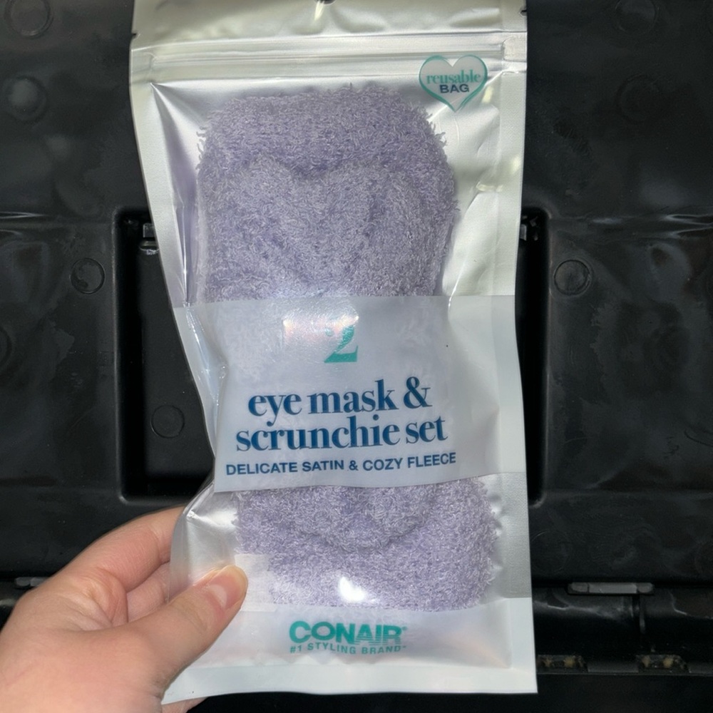 Eye mask and scrunchie set delicate satin and cozy fleece Conair brand